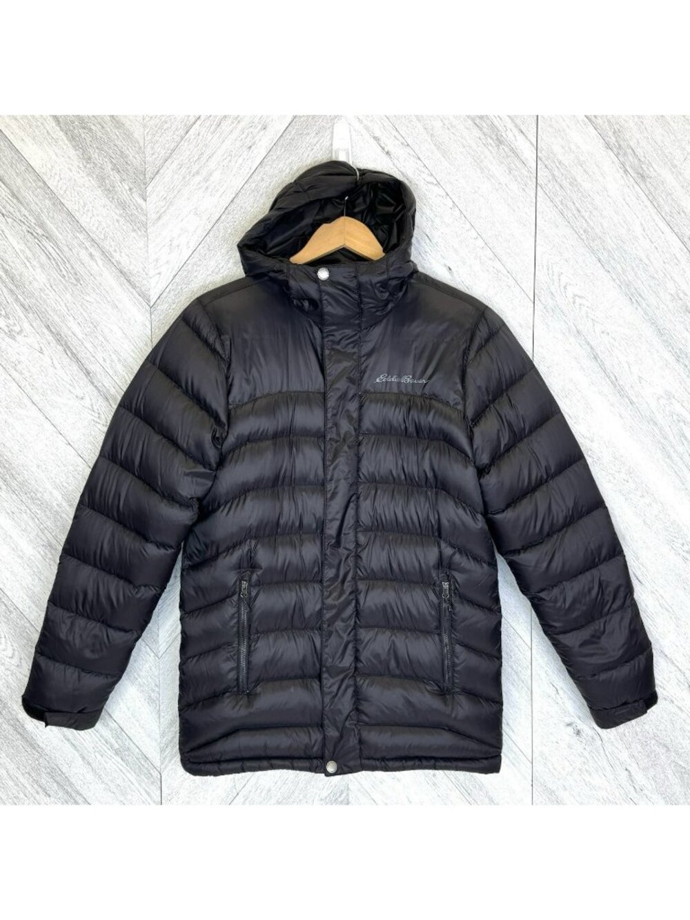Eddie Bauer Down Puffer Jacket Mens Small Black 650 Fill Hooded Full Zip Coat